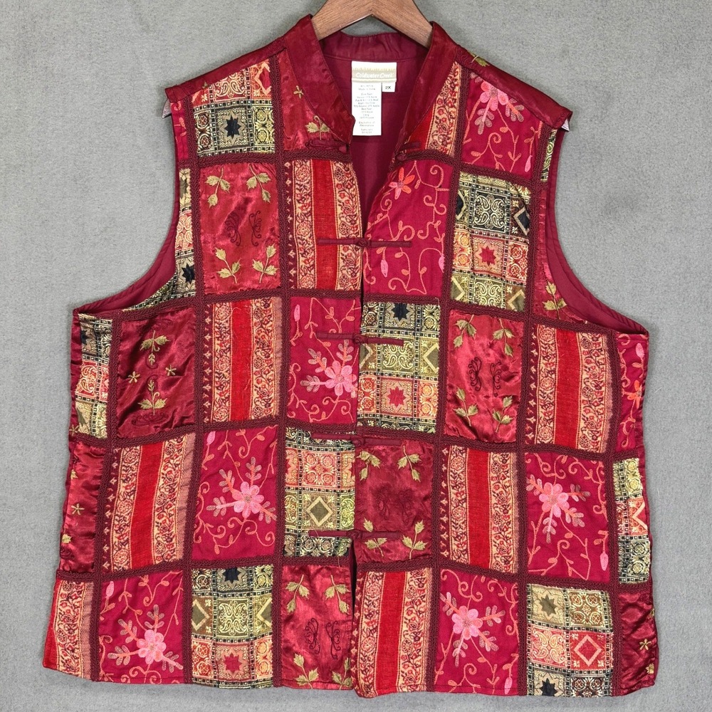 Coldwater Creek Vest Women 2X Red Patchwork Embroidered Frog Closure Wool